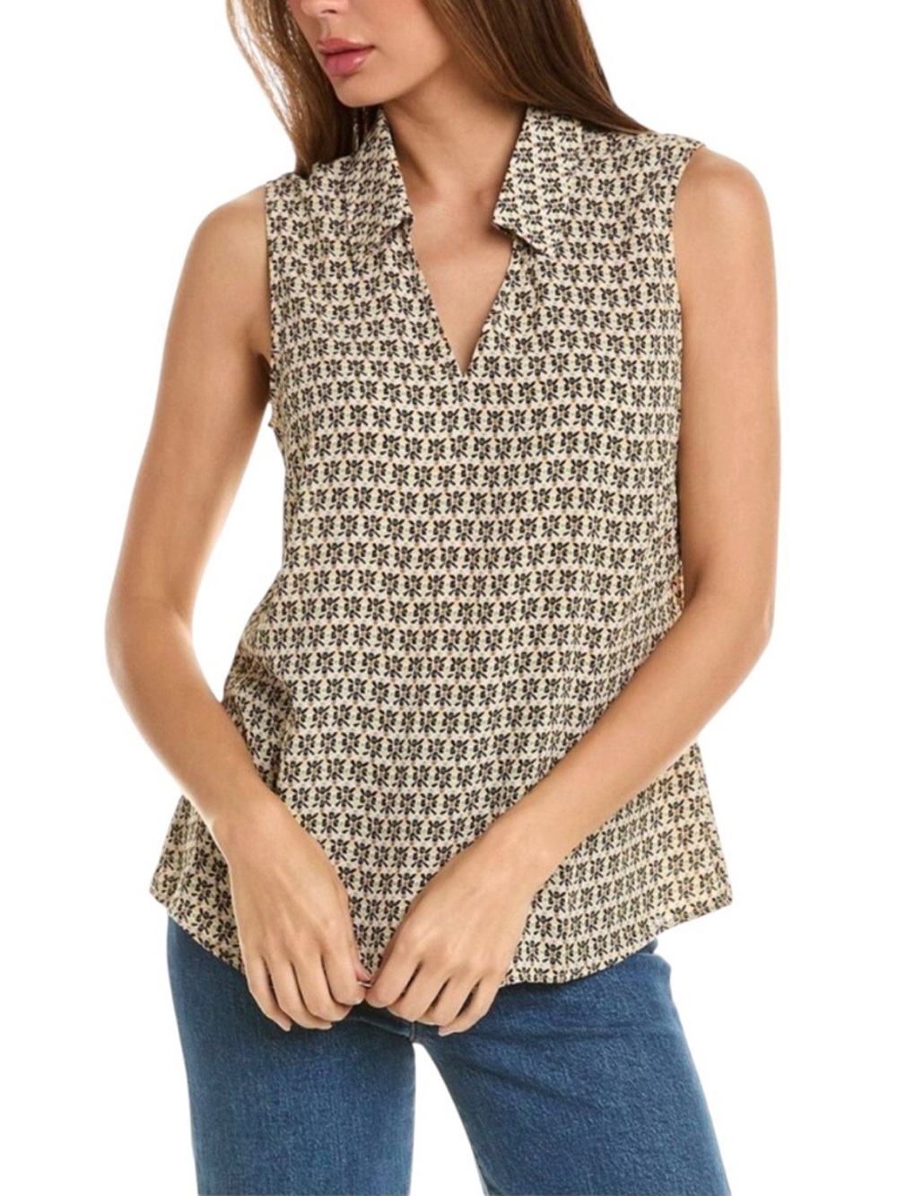 CABI style #6317 Bitmap Top green, tan, black, yellow sleeveless v-neck size LG